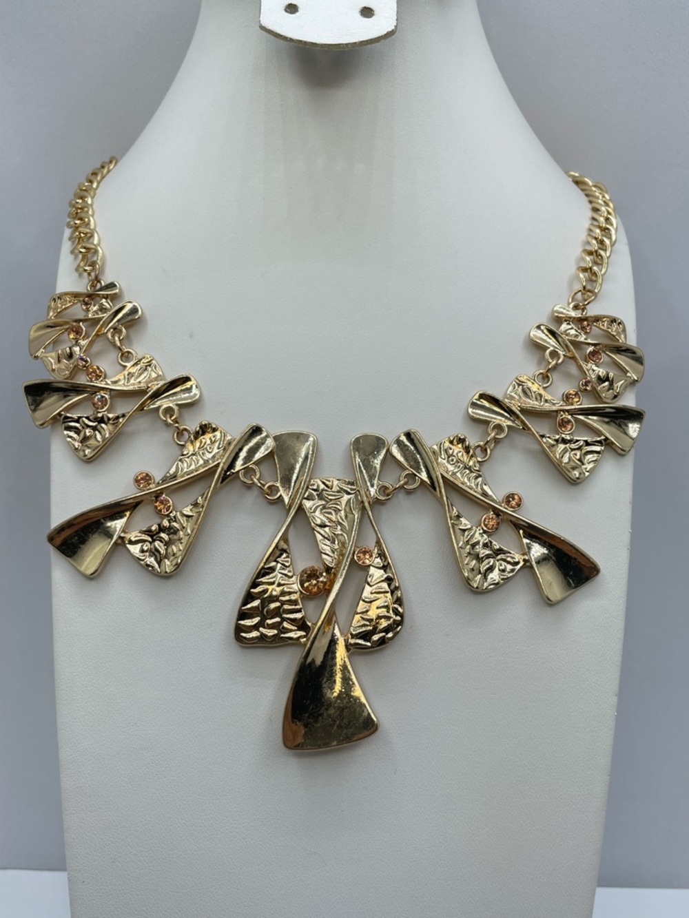 Gold Tone Chunky Statement Necklace Textured Panels Crystal Accent Bold